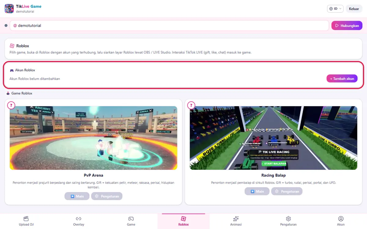 Bagian Akun Roblox: akun belum ditambahkan