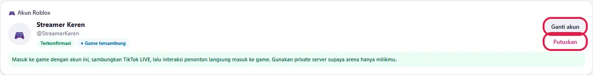 Tombol Ganti akun dan Putuskan di kartu akun
