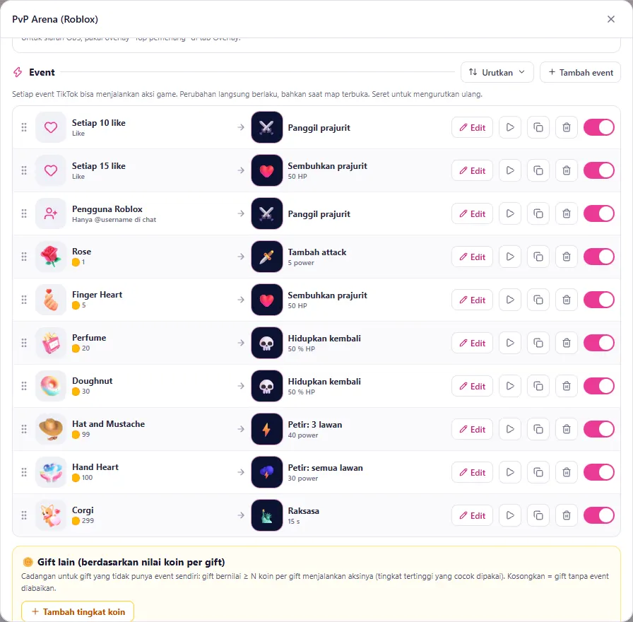 Bagian Event: kiri pemicu (gift/like), panah, kanan aksi