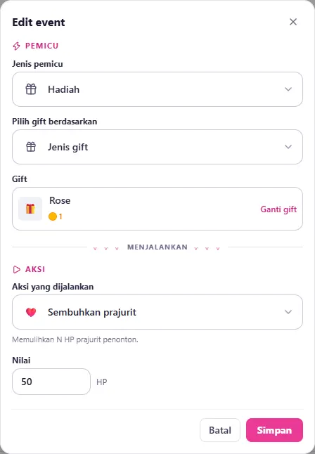 Dialog Edit event: Pemicu dan Aksi