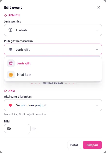 Pilih gift berdasarkan: Jenis gift atau Nilai koin