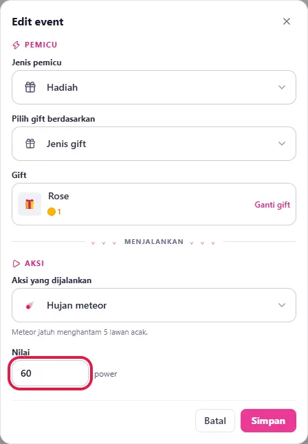 Aksi Hujan meteor dengan kolom Nilai (power), lalu Simpan