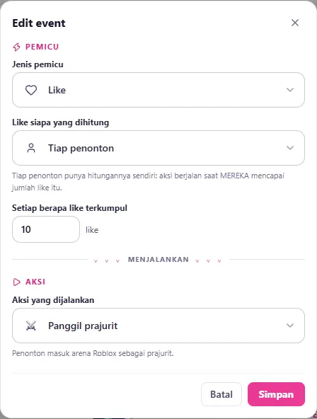 Pemicu Like: Like siapa yang dihitung & Setiap berapa like terkumpul