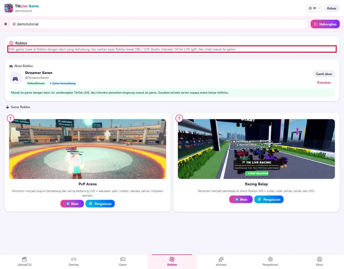 Tab Roblox: akun Terkonfirmasi & petunjuk di bagian atas