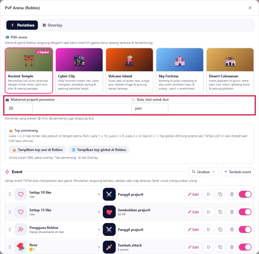 Maksimal prajurit penonton & Kata chat untuk ikut