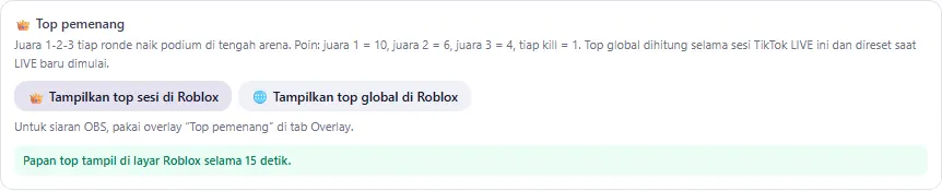 Pesan hijau setelah klik Tampilkan top sesi di Roblox