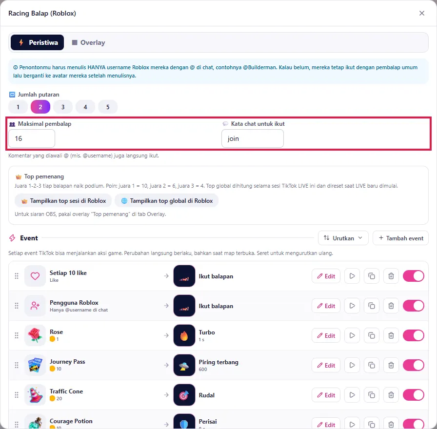 Maksimal pembalap & Kata chat untuk ikut