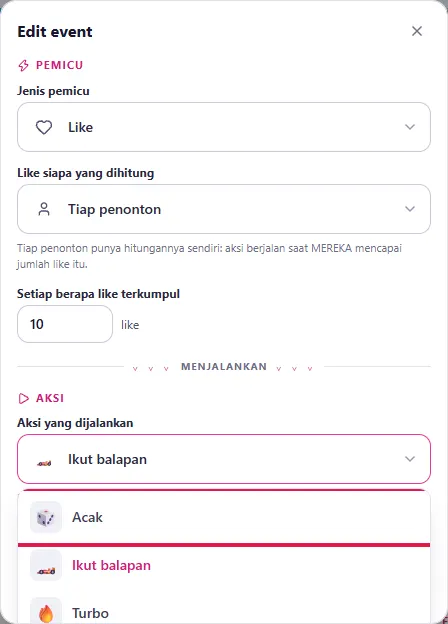 Daftar aksi Racing Balap, termasuk 🎲 Acak
