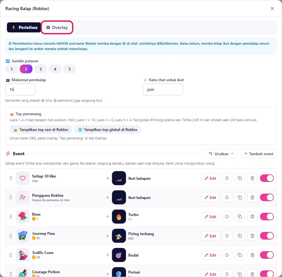 Jendela Racing Balap: klik tab ▦ Overlay di sebelah ⚡ Peristiwa