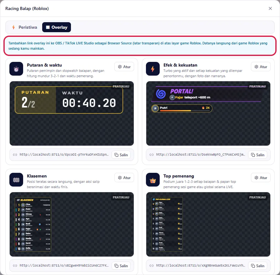 Tab Overlay Racing Balap: kotak biru petunjuk & daftar kartu overlay