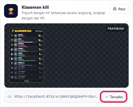 Klik Salin di kartu overlay: tulisan berubah menjadi Tersalin