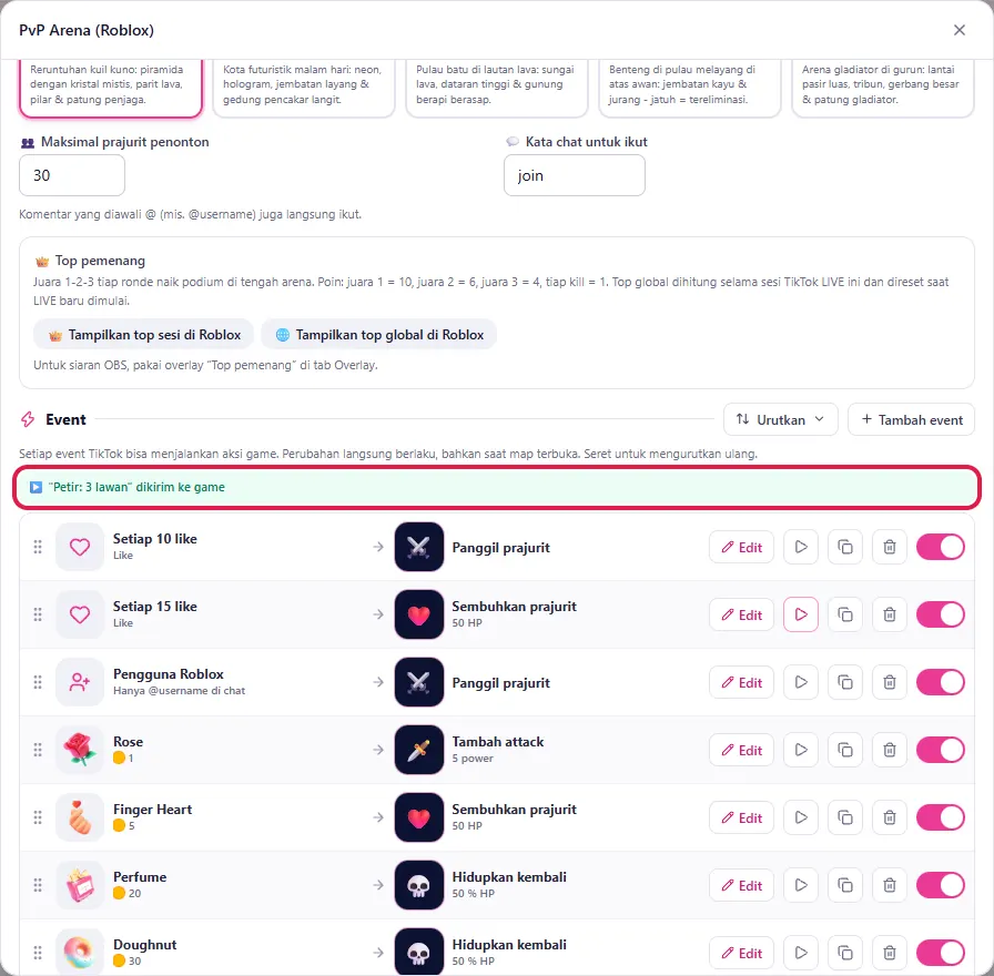 Tab Peristiwa: klik ▶ (Tes di game) di salah satu event