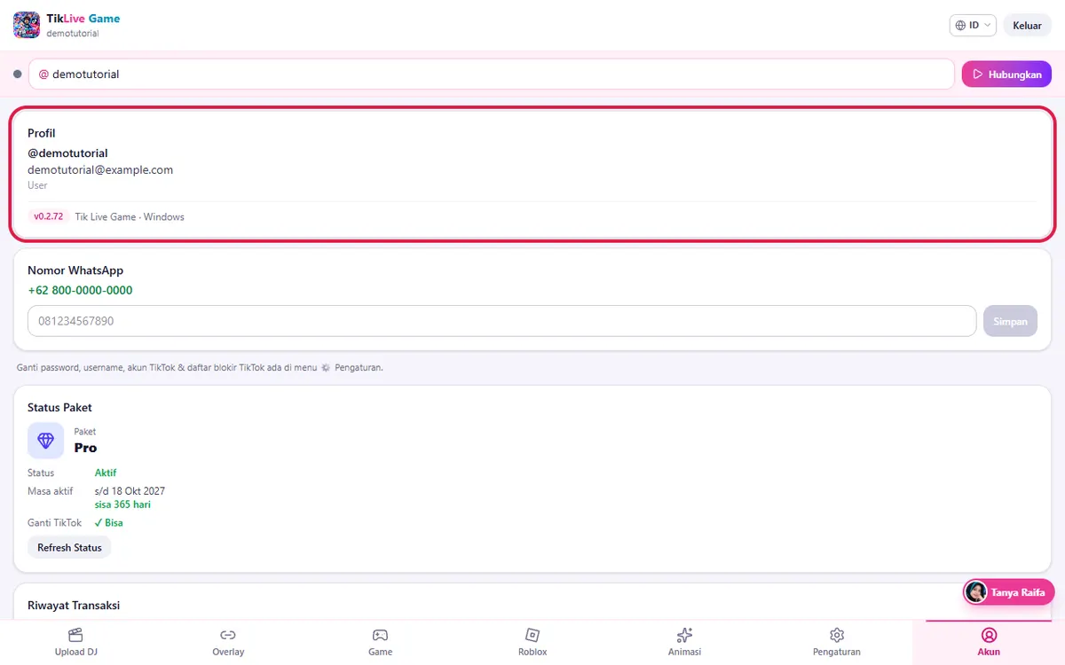 Kartu Profil (username, email, versi aplikasi)