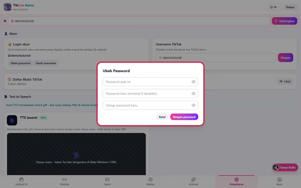 Jendela Ubah Password: isi tiga kolom lalu Simpan password