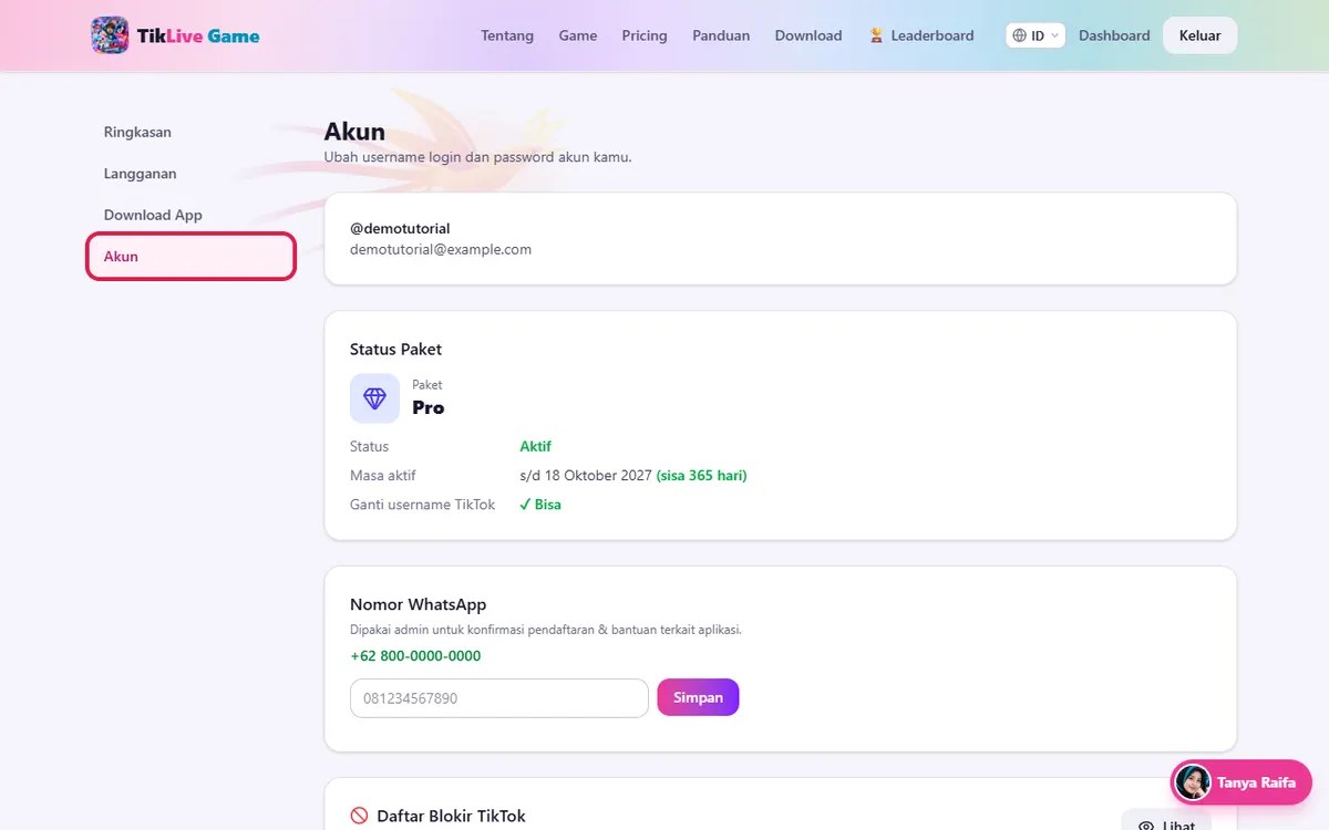 Website: Dashboard → Akun