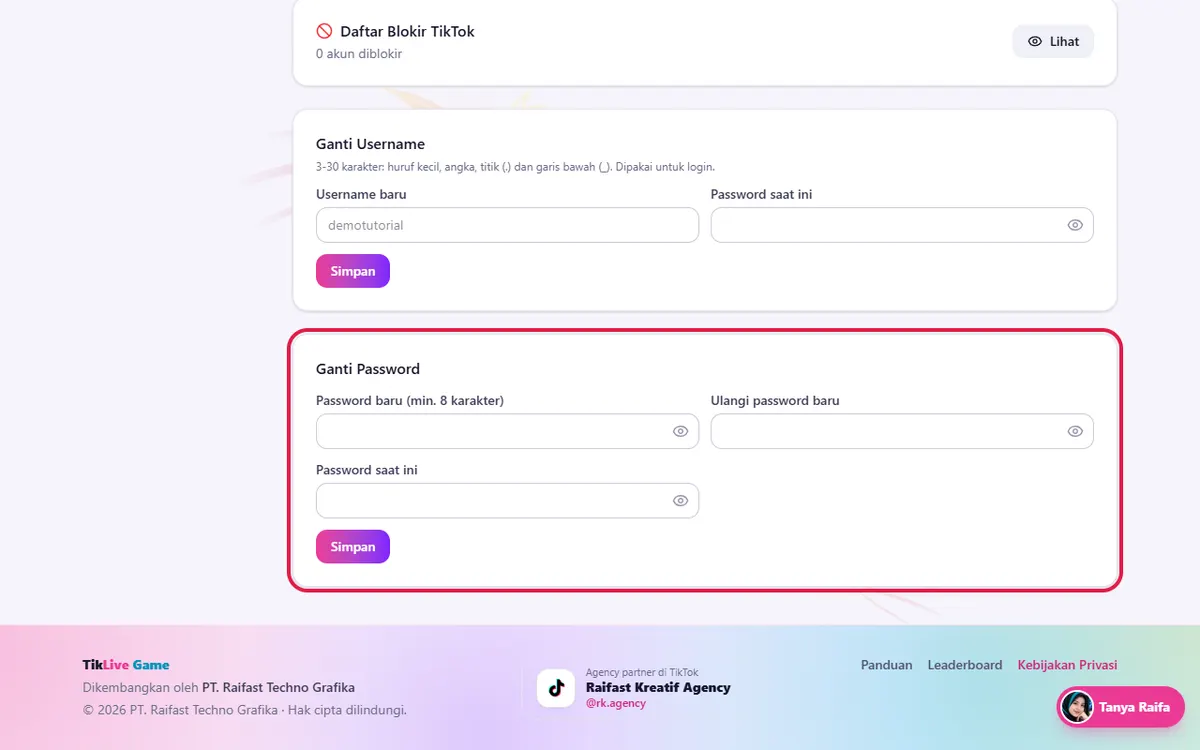 Website: kartu Ganti Username & Ganti Password