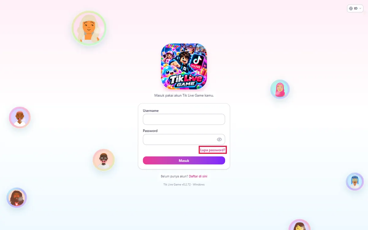 Layar login aplikasi: tautan Lupa password? & tombol Google