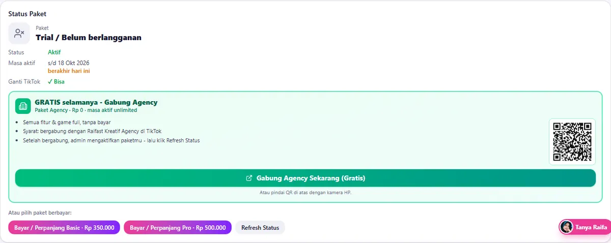 Kartu Status Paket (akun trial): Paket, Status, Masa aktif + kotak Agency