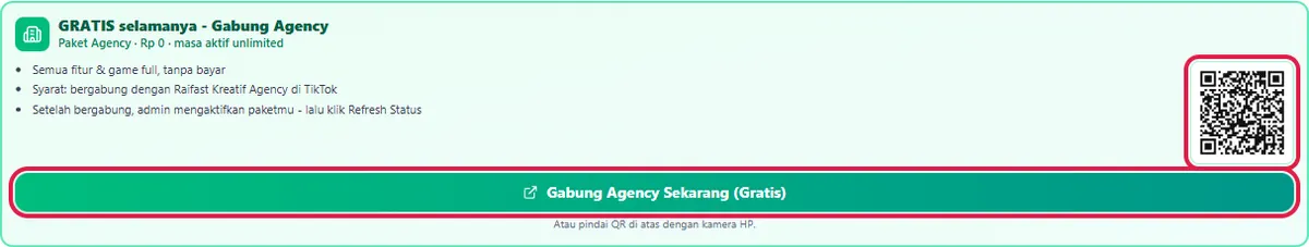Tombol Gabung Agency Sekarang (Gratis) dan QR untuk dipindai HP