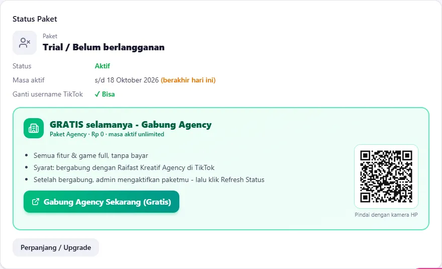 Website: Dashboard → Akun, kartu Status Paket dengan kotak Agency (akun trial)
