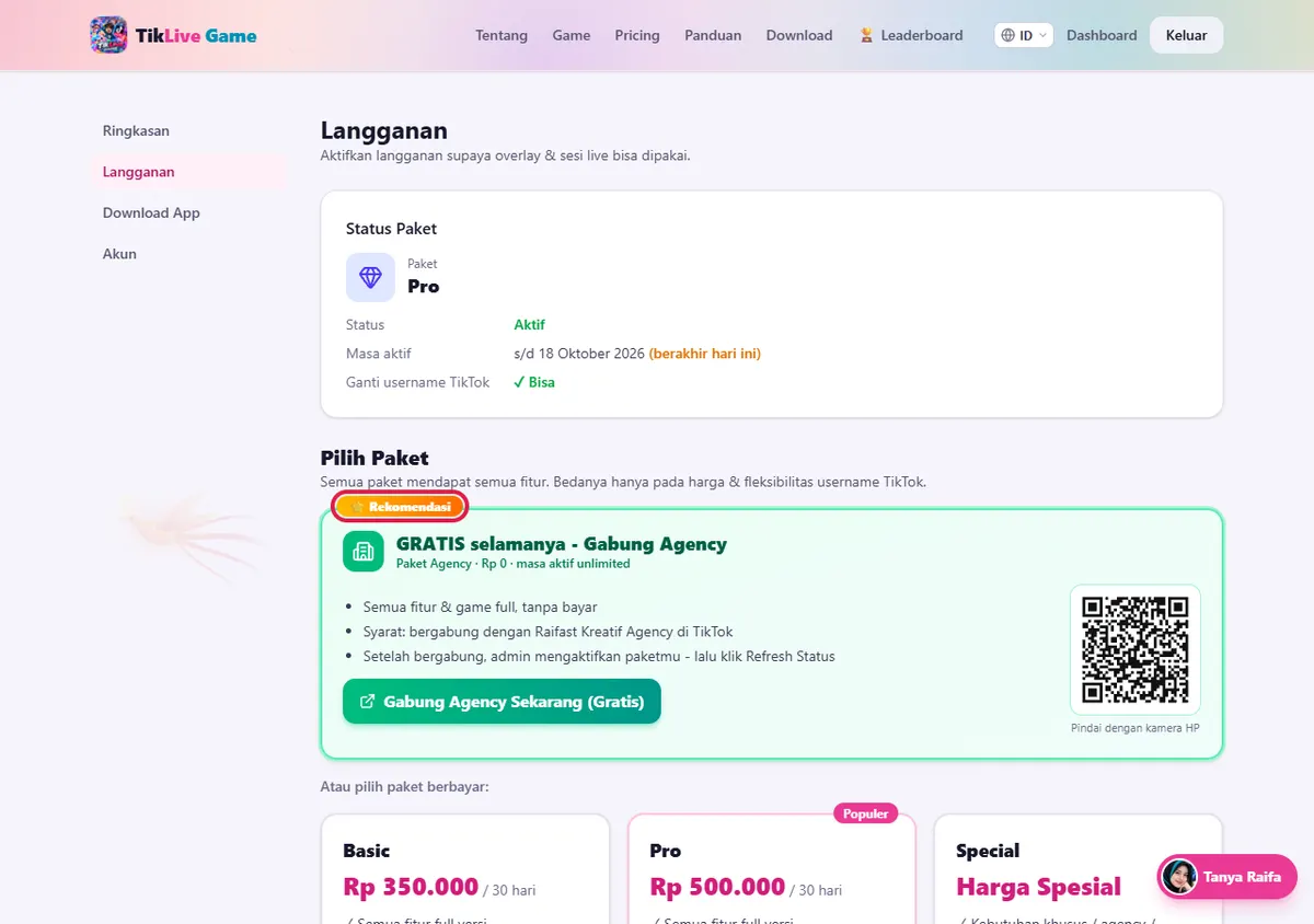 Website: menu Langganan, kotak Agency berlabel ⭐ Rekomendasi di atas paket berbayar