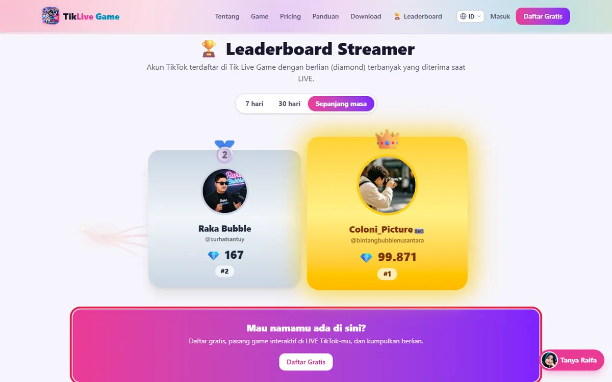 Bawah halaman Leaderboard (logout): kotak Mau namamu ada di sini? + Daftar Gratis