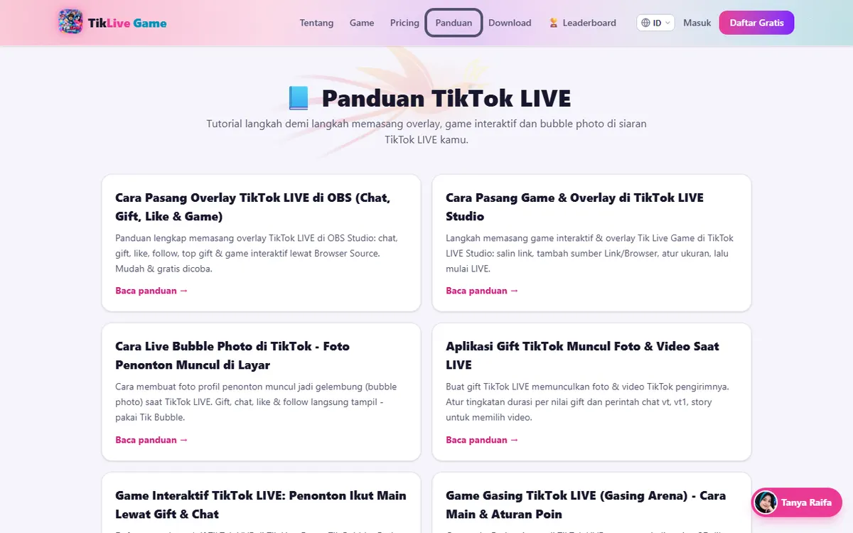 Menu Panduan: judul 📘 Panduan TikTok LIVE dan daftar kartu panduan