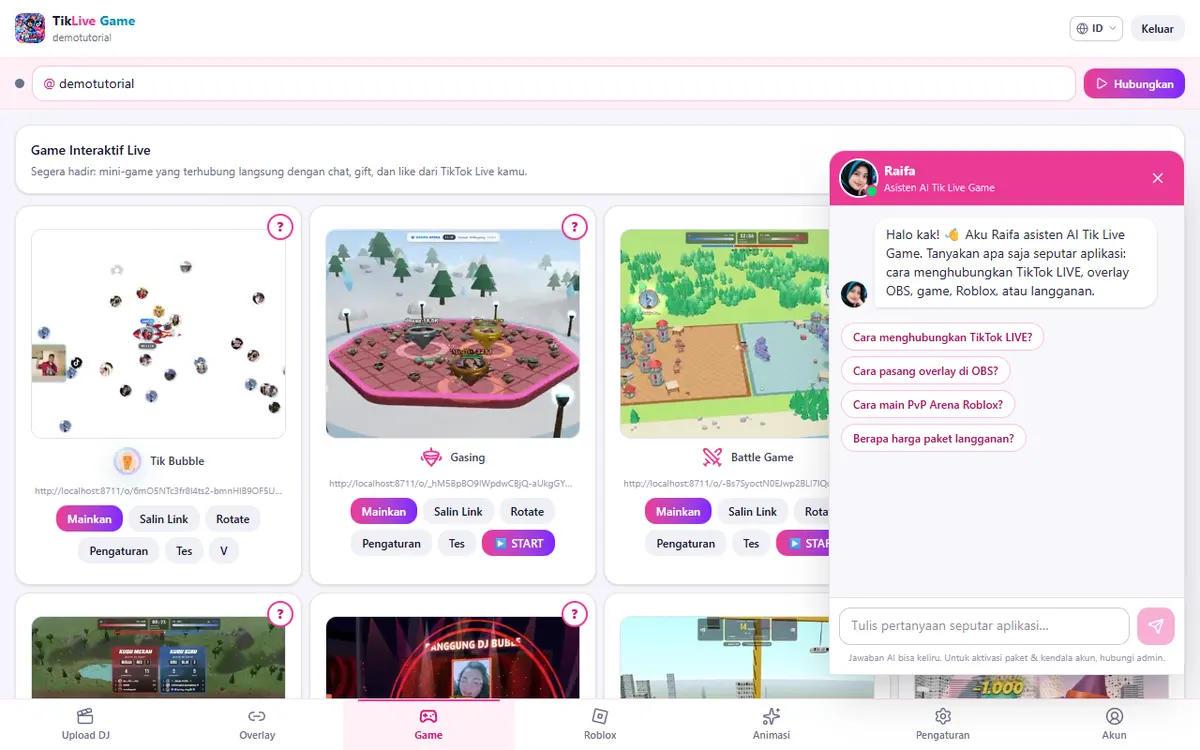 Jendela Raifa - Asisten AI Tik Live Game: salam pembuka & tombol saran pertanyaan
